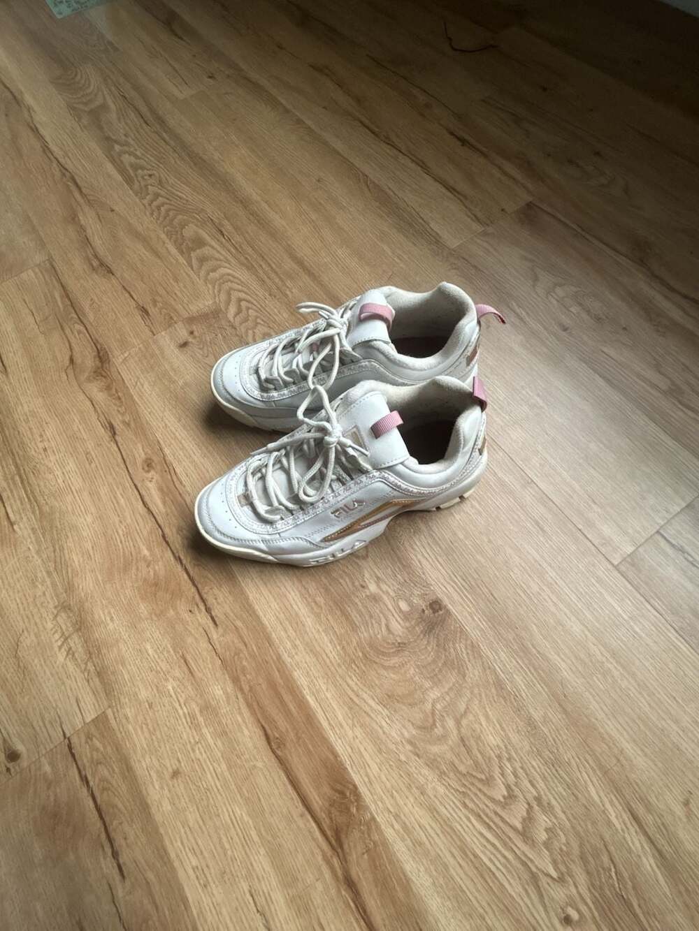 Fila Disruptor II Premium Repeat Sneakers White/Pink/Gold Women's Size 7